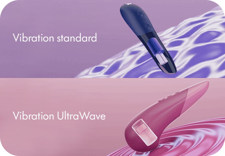 Vibration standard : le vibromasseur dans l'eau lui donne une apparence de petites vagues. Vibration UltraWave : le Womanizer Wave dans l'eau donne un effet de cercles concentriques.